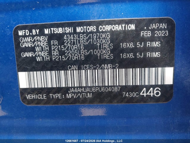 Aukcja sprzedaży 2023 Mitsubishi Rvr, vin: JA4AHUAU6PU604087, numer aukcji: 12661687