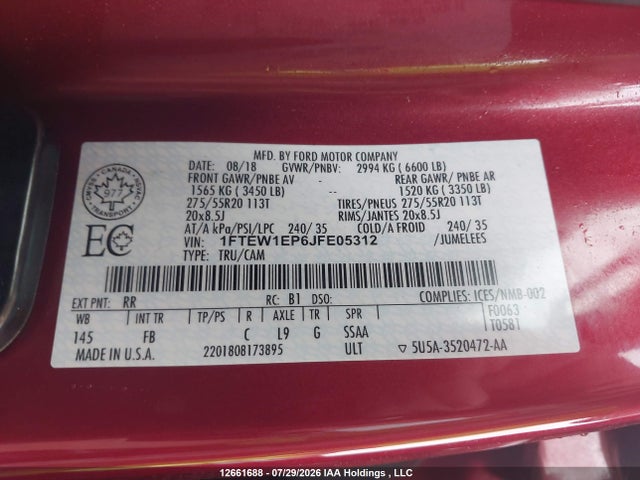 1FTEW1EP6JFE05312 Ford F150 Supercrew