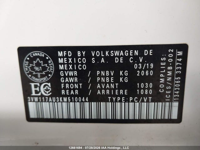 3VW117AU3KM510044 Volkswagen Golf Sportwagen 1.8 Tsi Comfortline/1.8 Tsi Highline