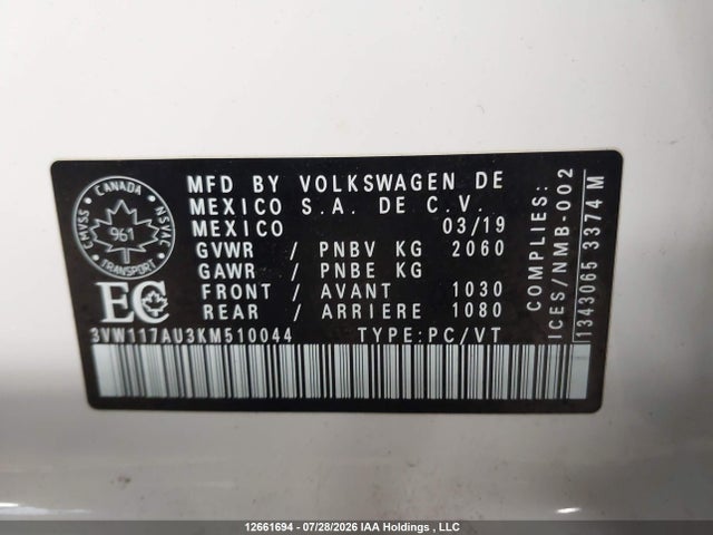 3VW117AU3KM510044 Volkswagen Golf Sportwagen 1.8 Tsi Comfortline/1.8 Tsi Highline