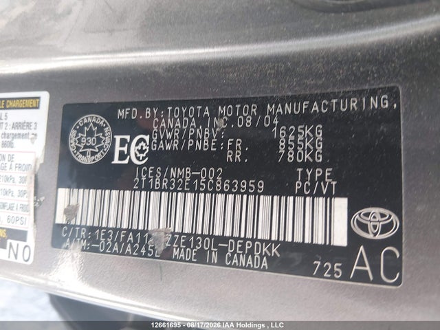 Продажа на аукционе авто 2005 Toyota Corolla Ce/le/s, vin: 2T1BR32E15C863959, номер лота: 12661695