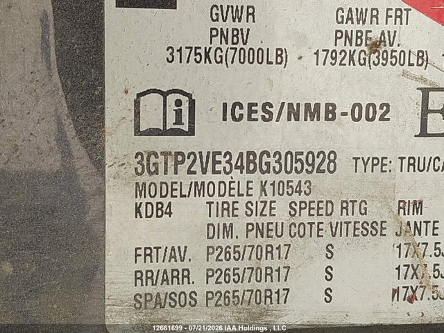 12661699 :رقم المزاد ، 3GTP2VE34BG305928 vin ، 2011 Gmc Sierra K1500 Sle مزاد بيع