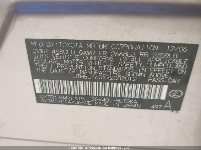 Aukcja sprzedaży 2007 Lexus Es 350 350, vin: JTHBJ46GX72082012, numer aukcji: 12661700