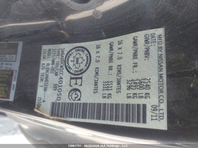 2012 Nissan Frontier Pro-4x/sv-v6 მანქანა იყიდება აუქციონზე, vin: 1N6AD0CW1CC401050, აუქციონის ნომერი: 12661701