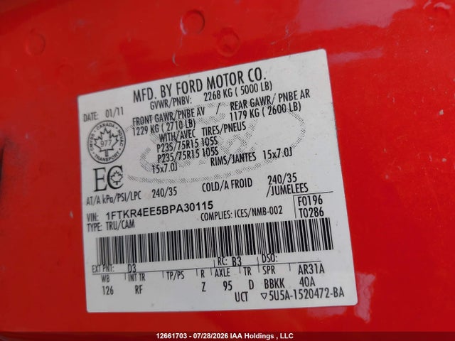 2011 Ford Ranger Sport მანქანა იყიდება აუქციონზე, vin: 1FTKR4EE5BPA30115, აუქციონის ნომერი: 12661703