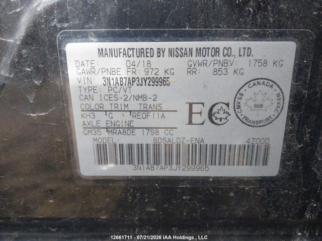 Продаж на аукціоні авто 2018 Nissan Sentra S/sv/sr/sl, vin: 3N1AB7AP3JY299965, номер лоту: 12661711