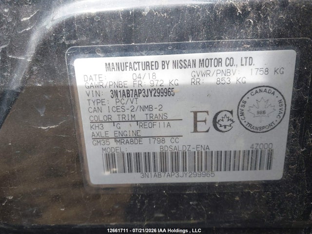 Продаж на аукціоні авто 2018 Nissan Sentra S/sv/sr/sl, vin: 3N1AB7AP3JY299965, номер лоту: 12661711
