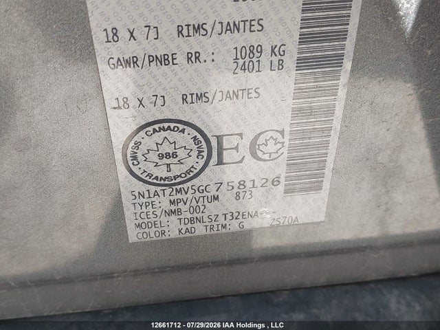12661712 :رقم المزاد ، 5N1AT2MV5GC758126 vin ، 2016 Nissan Rogue S/sl Premium/sv مزاد بيع