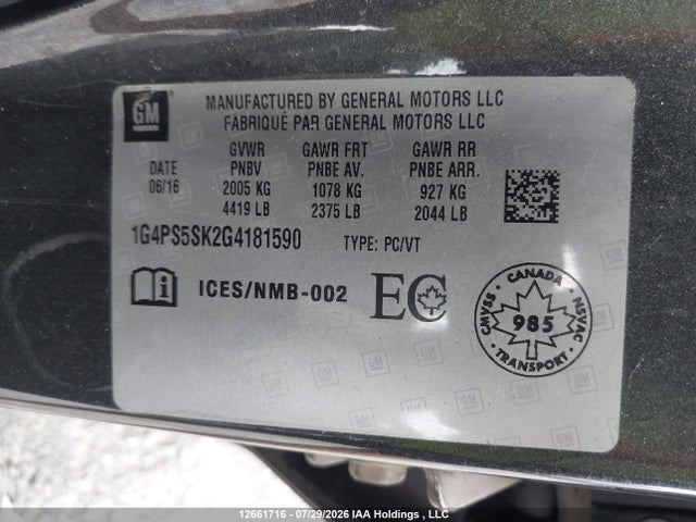 2016 Buick Verano Leather მანქანა იყიდება აუქციონზე, vin: 1G4PS5SK2G4181590, აუქციონის ნომერი: 12661716