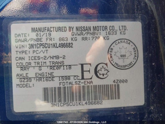 3N1CP5CU1KL496682 Nissan Kicks S/sr/sv