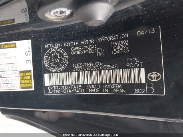 12661758 :رقم المزاد ، JTDZN3EU3D3253548 vin ، 2013 Toyota Prius V مزاد بيع