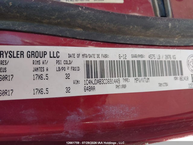 Продажа на аукционе авто 2012 Jeep Compass, vin: 1C4NJDAB3CD691449, номер лота: 12661759