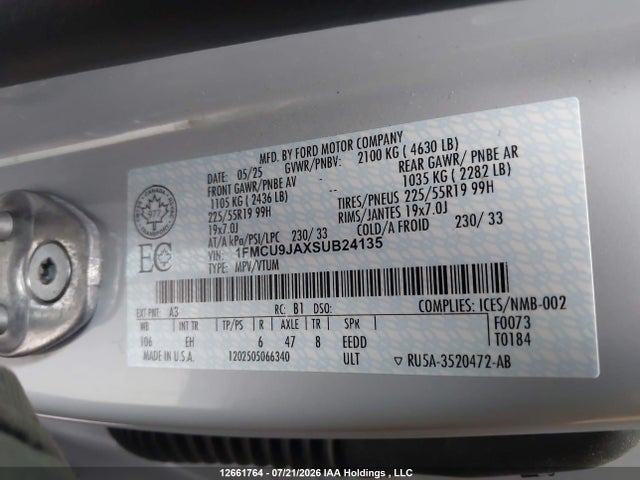 12661764 :رقم المزاد ، 1FMCU9JAXSUB24135 vin ، 2025 Ford Escape Platinum مزاد بيع