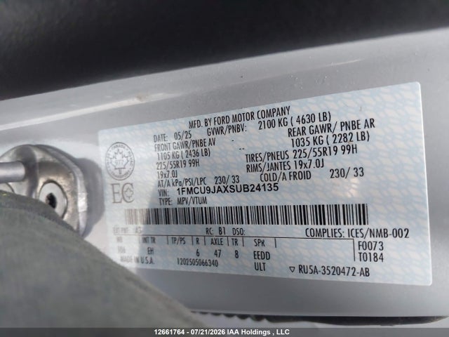 12661764 :رقم المزاد ، 1FMCU9JAXSUB24135 vin ، 2025 Ford Escape Platinum مزاد بيع