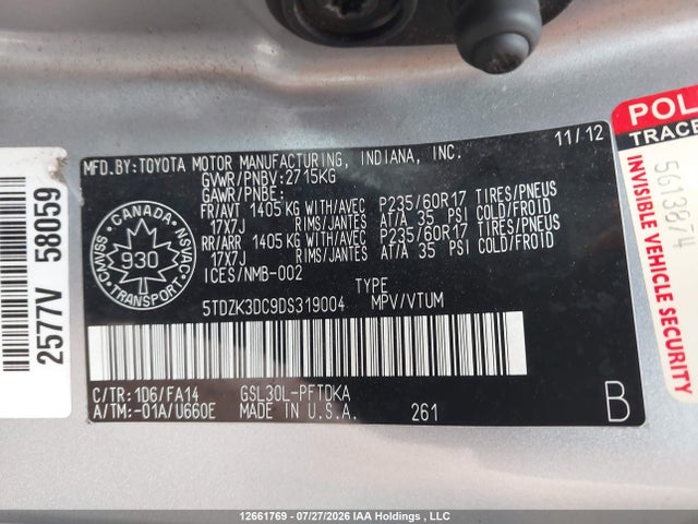 2013 Toyota Sienna V6 7 Passenger მანქანა იყიდება აუქციონზე, vin: 5TDZK3DC9DS319004, აუქციონის ნომერი: 12661769