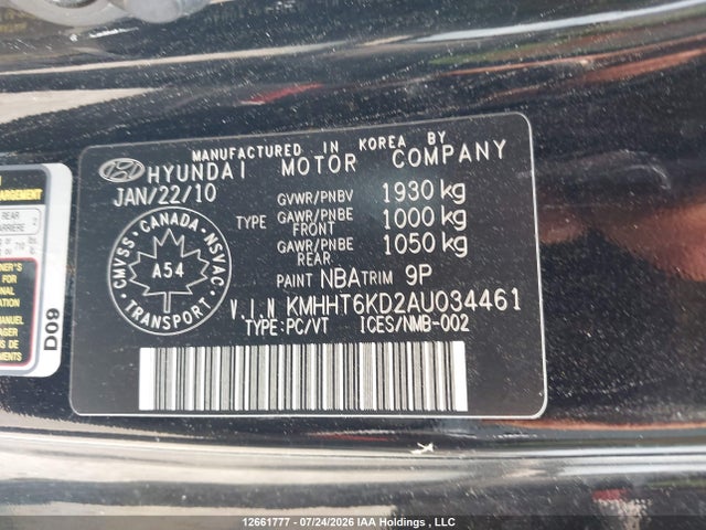 2010 Hyundai Genesis 2.0t Gt მანქანა იყიდება აუქციონზე, vin: KMHHT6KD2AU034461, აუქციონის ნომერი: 12661777