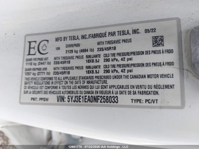 Tesla MODEL 3 2022 5YJ3E1EA0NF258033 Image 17