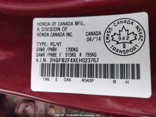 12661787 :رقم المزاد ، 2HGFB2F4XEH023767 vin ، 2014 Honda Civic مزاد بيع