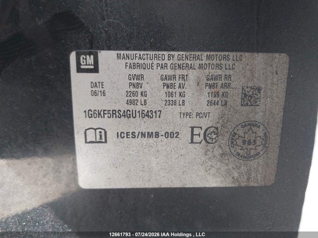 12661793 :رقم المزاد ، 1G6KF5RS4GU164317 vin ، 2016 Cadillac Ct6 مزاد بيع