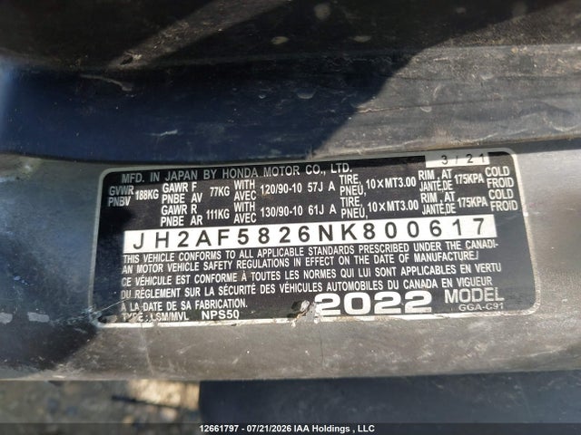 Aukcja sprzedaży 2022 Honda Nps50, vin: JH2AF5826NK800617, numer aukcji: 12661797