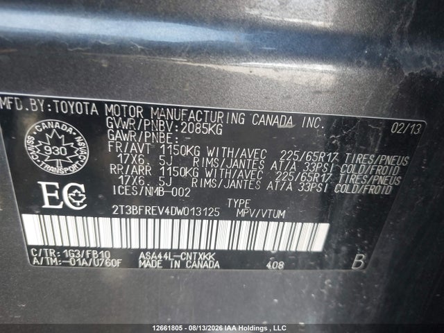 Продажа на аукционе авто 2013 Toyota Rav4 Le, vin: 2T3BFREV4DW013125, номер лота: 12661805