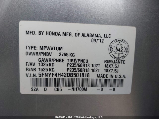 Продаж на аукціоні авто 2013 Honda Pilot Ex, vin: 5FNYF4H42DB501818, номер лоту: 12661813