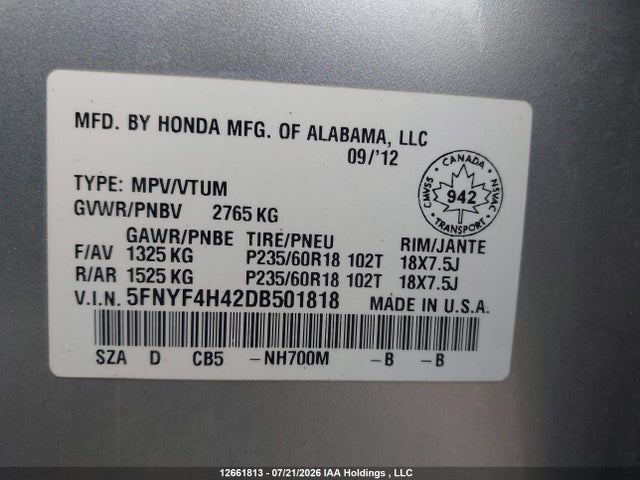 Продаж на аукціоні авто 2013 Honda Pilot Ex, vin: 5FNYF4H42DB501818, номер лоту: 12661813