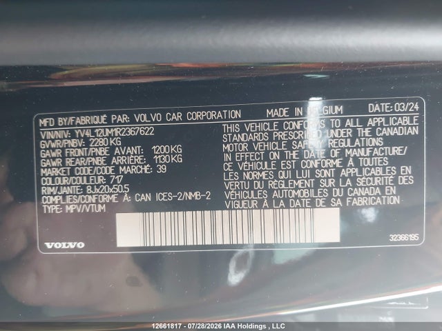 Aukcja sprzedaży 2024 Volvo Xc40, vin: YV4L12UM1R2367622, numer aukcji: 12661817