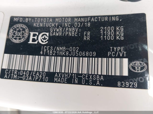 4T1B21HK8JU506809 Toyota Camry Hybrid/le/xle/se