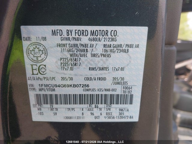2009 Ford Escape Limited მანქანა იყიდება აუქციონზე, vin: 1FMCU94G69KB07256, აუქციონის ნომერი: 12661840