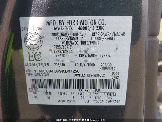 2009 Ford Escape Limited მანქანა იყიდება აუქციონზე, vin: 1FMCU94G69KB07256, აუქციონის ნომერი: 12661840