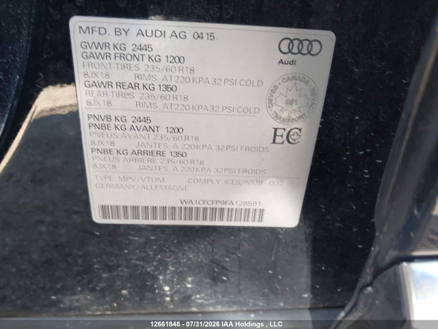2015 Audi Q5 Premium მანქანა იყიდება აუქციონზე, vin: WA1CFCFP9FA128591, აუქციონის ნომერი: 12661848