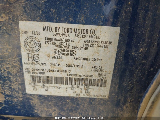 Продажа на аукционе авто 2020 Ford Edge Sel, vin: 2FMPK4J96LBB48617, номер лота: 12661859