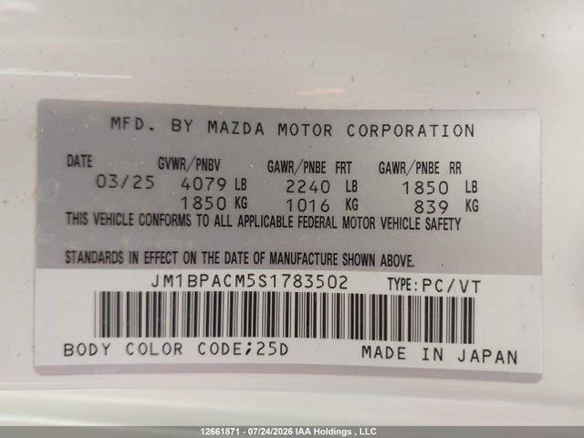 12661871 :رقم المزاد ، JM1BPACM5S1783502 vin ، 2025 Mazda Mazda3 Gs مزاد بيع