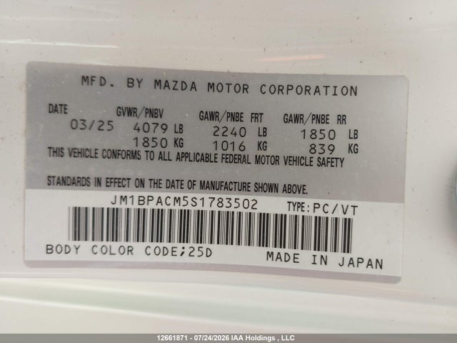12661871 :رقم المزاد ، JM1BPACM5S1783502 vin ، 2025 Mazda Mazda3 Gs مزاد بيع