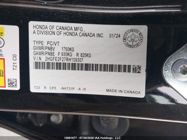 Продаж на аукціоні авто 2024 Honda Civic Lx-b, vin: 2HGFE2F27RH109307, номер лоту: 12661877