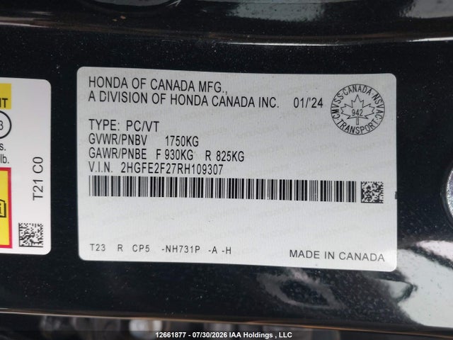 Продаж на аукціоні авто 2024 Honda Civic Lx-b, vin: 2HGFE2F27RH109307, номер лоту: 12661877