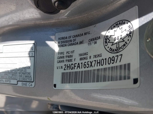 Продажа на аукционе авто 2007 Honda Civic Lx, vin: 2HGFA165X7H010977, номер лота: 12661883