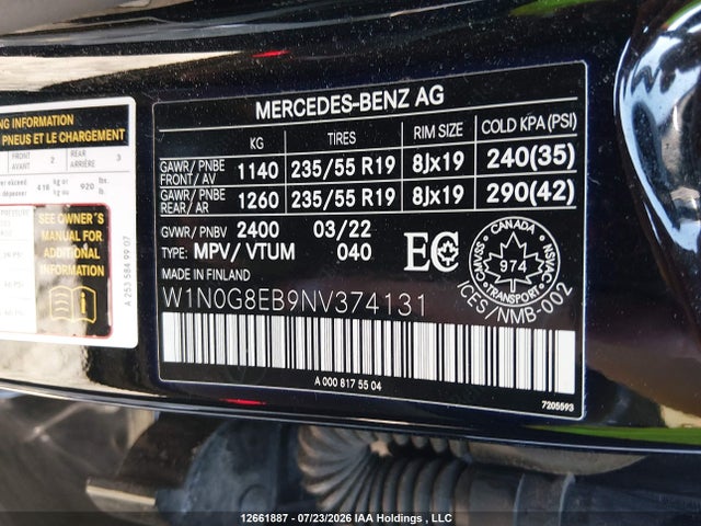 2022 Mercedes-benz Glc 300 4matic მანქანა იყიდება აუქციონზე, vin: W1N0G8EB9NV374131, აუქციონის ნომერი: 12661887