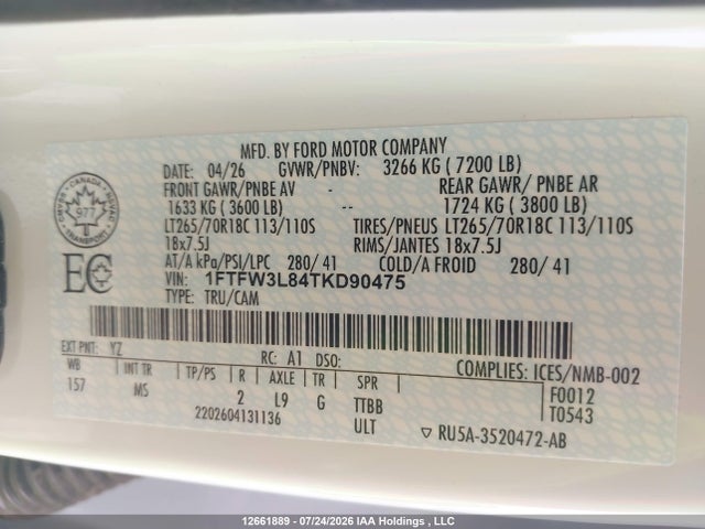 2026 Ford F150 Xlt მანქანა იყიდება აუქციონზე, vin: 1FTFW3L84TKD90475, აუქციონის ნომერი: 12661889