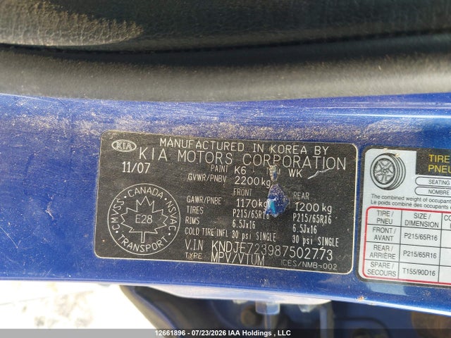 12661896 :رقم المزاد ، KNDJE723987502773 vin ، 2008 Kia Sportage Ex/lx مزاد بيع