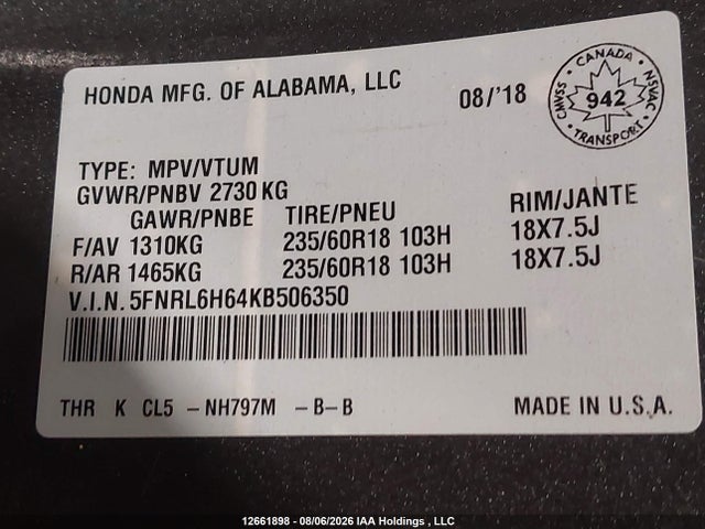 Aukcja sprzedaży 2019 Honda Odyssey Exl, vin: 5FNRL6H64KB506350, numer aukcji: 12661898