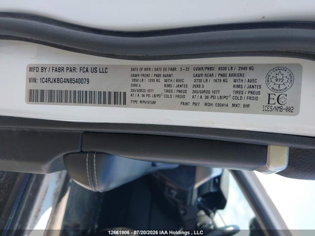 12661906 :رقم المزاد ، 1C4RJKBG4N8540079 vin ، 2022 Jeep Grand Cherokee L Limited مزاد بيع