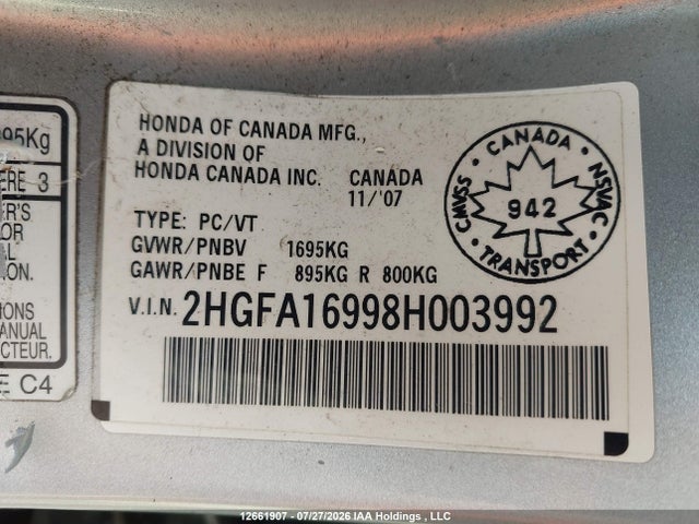 Продажа на аукционе авто 2008 Honda Civic Exl, vin: 2HGFA16998H003992, номер лота: 12661907