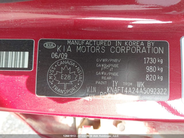 2010 Kia Forte Lx მანქანა იყიდება აუქციონზე, vin: KNAFT4A24A5092322, აუქციონის ნომერი: 12661913