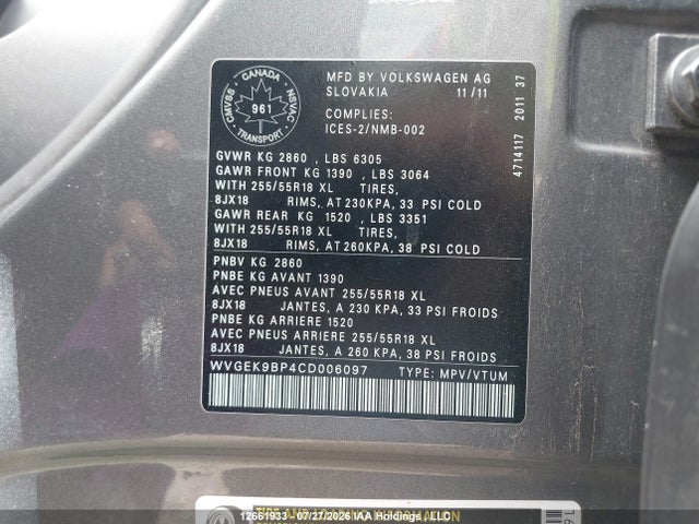 2012 Volkswagen Touareg მანქანა იყიდება აუქციონზე, vin: WVGEK9BP4CD006097, აუქციონის ნომერი: 12661933