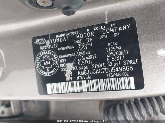 2013 Hyundai Tucson Gls მანქანა იყიდება აუქციონზე, vin: KM8JUCAC7DU549868, აუქციონის ნომერი: 12661936