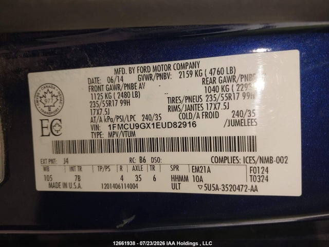 1FMCU9GX1EUD82916 Ford ESCAPE SE