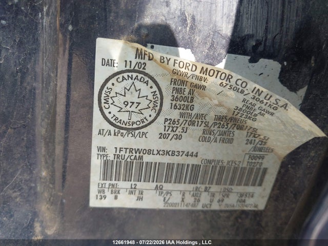 Продажа на аукционе авто 2003 Ford F150 Supercrew, vin: 1FTRW08LX3KB37444, номер лота: 12661948