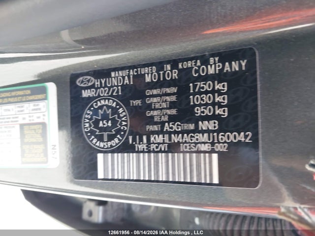 2021 Hyundai Elantra Sel მანქანა იყიდება აუქციონზე, vin: KMHLN4AG8MU160042, აუქციონის ნომერი: 12661956